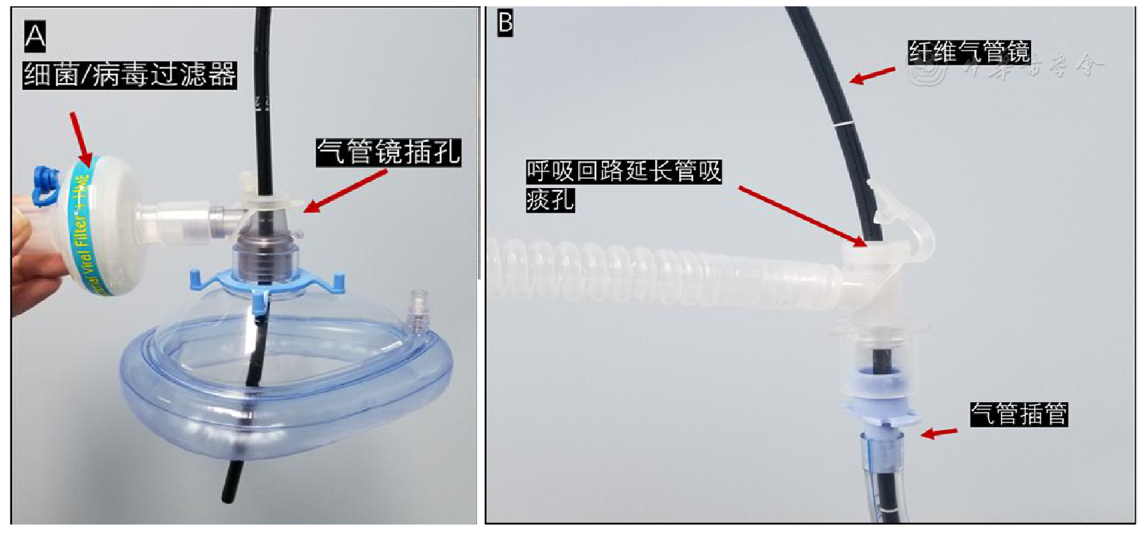 连接无创面罩插入气管镜,图7b为经延长管三通接头处吸痰孔插入气管镜